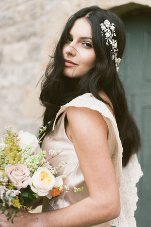 Silver boho crystal and pearl trailing wedding hair vine comb - Scarlett