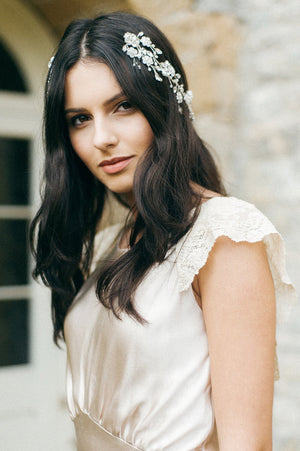 Silver boho crystal and pearl trailing wedding hair vine comb - Scarlett