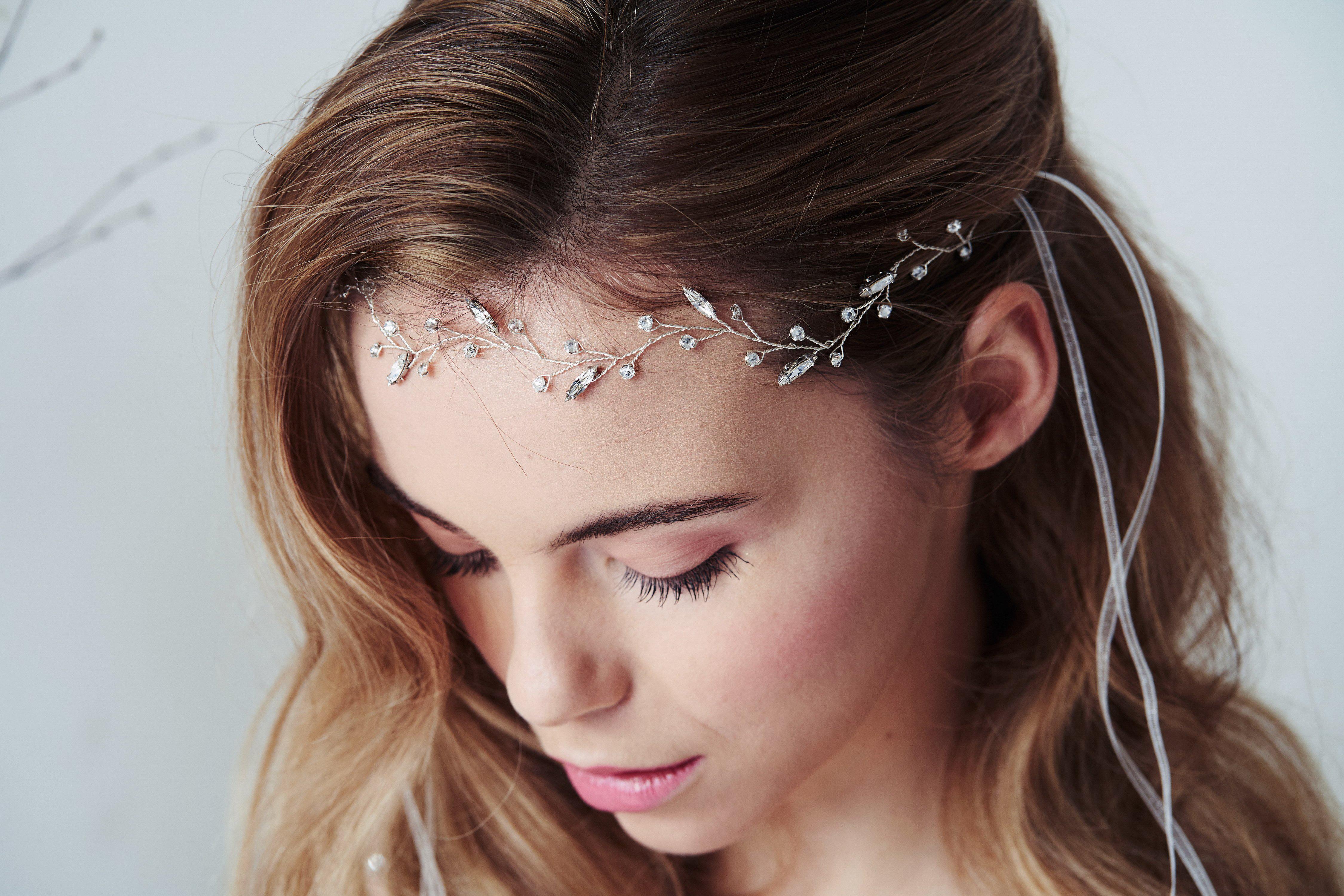 Leafy trailing bohemian bride Swarovski Crystal wavy hairvine - Selena