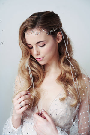 Silver Leafy trailing bohemian bride Swarovski Crystal wavy hairvine - Selena