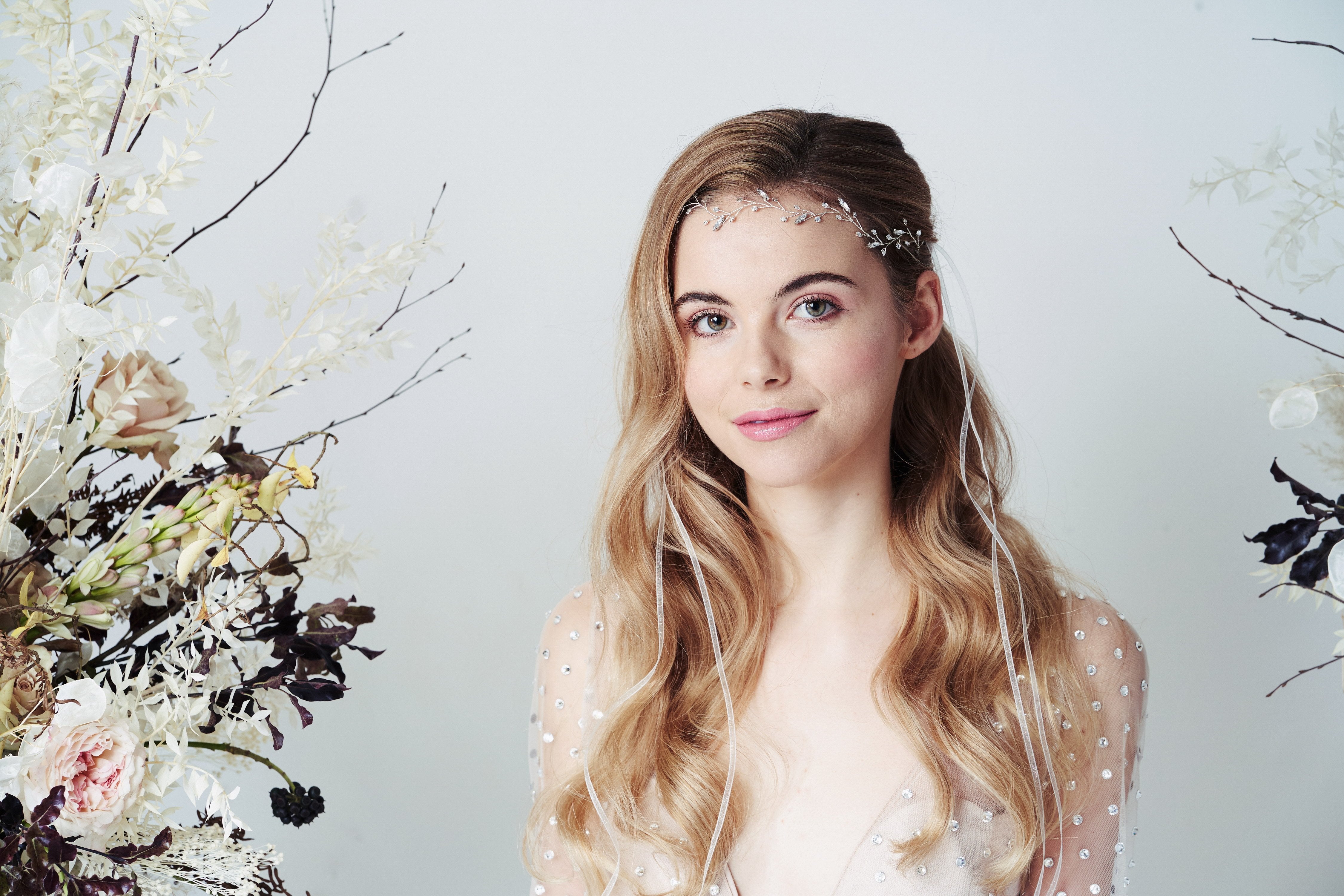 Bohemian leaf hairvine worn as browband with ribbons