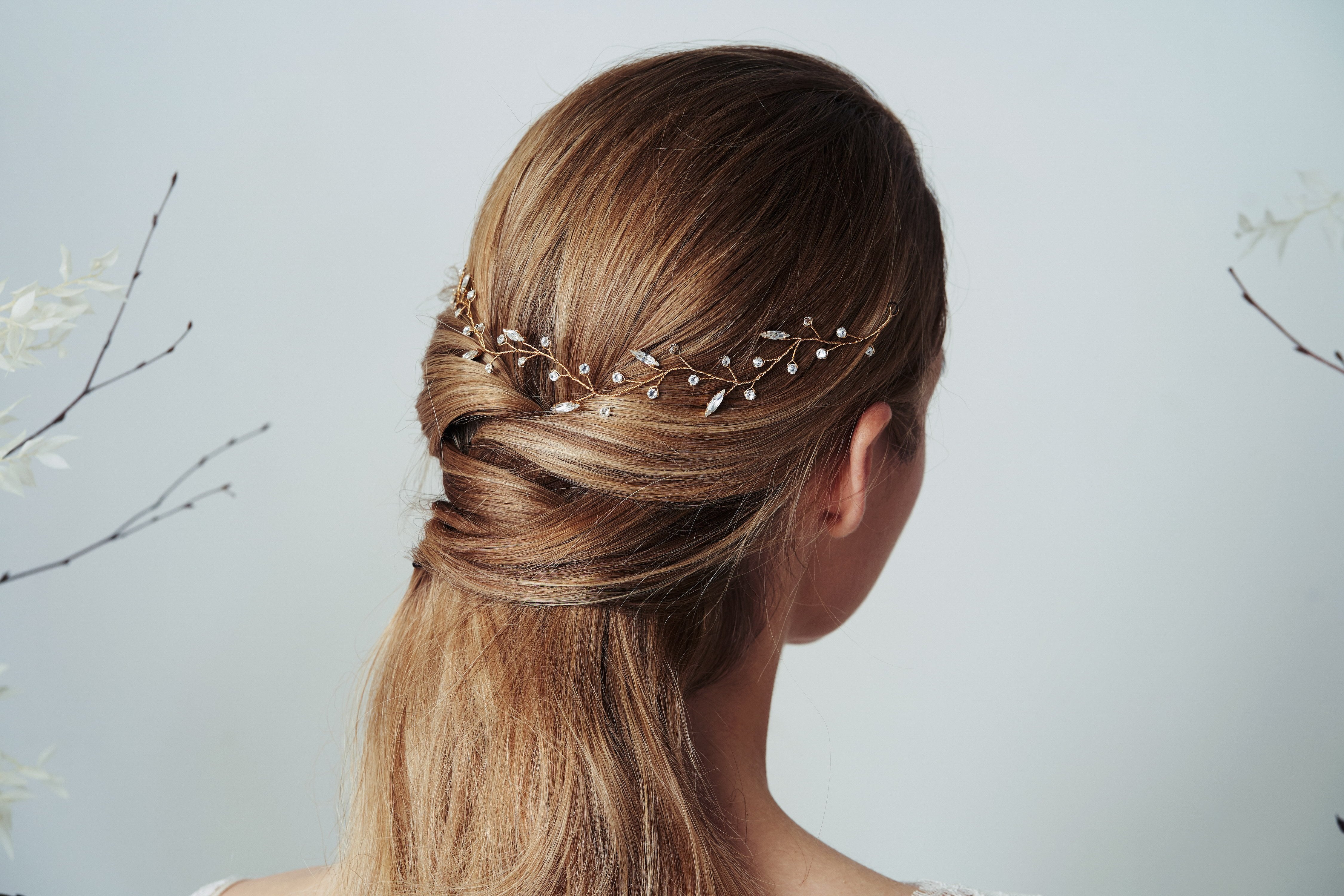 Gold Leafy trailing bohemian bride Swarovski Crystal wavy hairvine - Selena