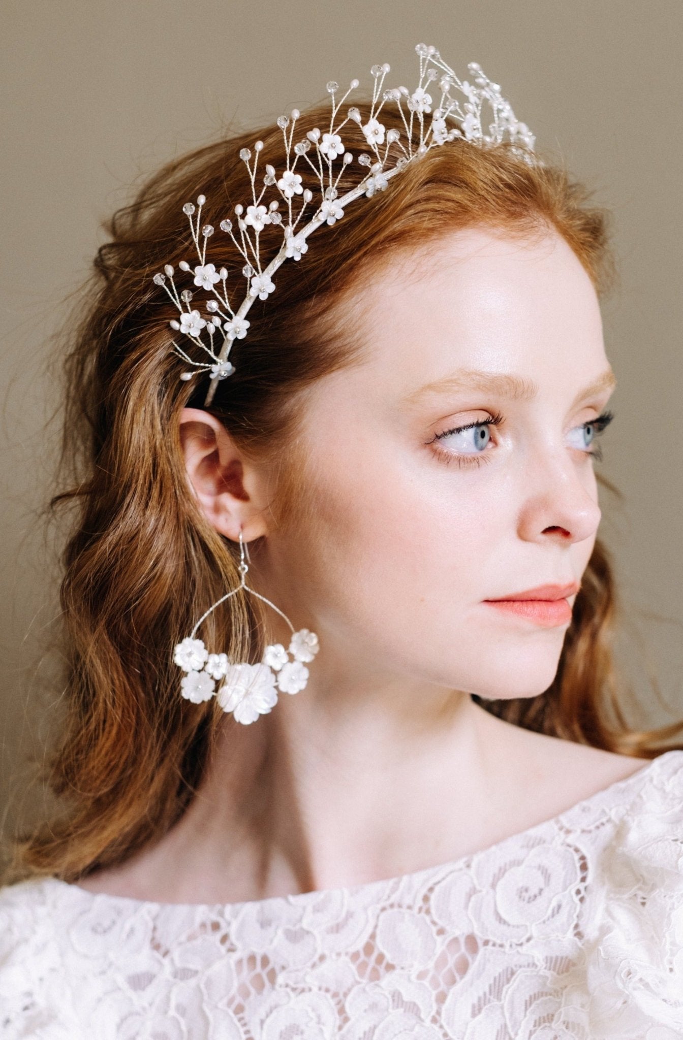 ivory flower crown with matching floral earrings Isobel