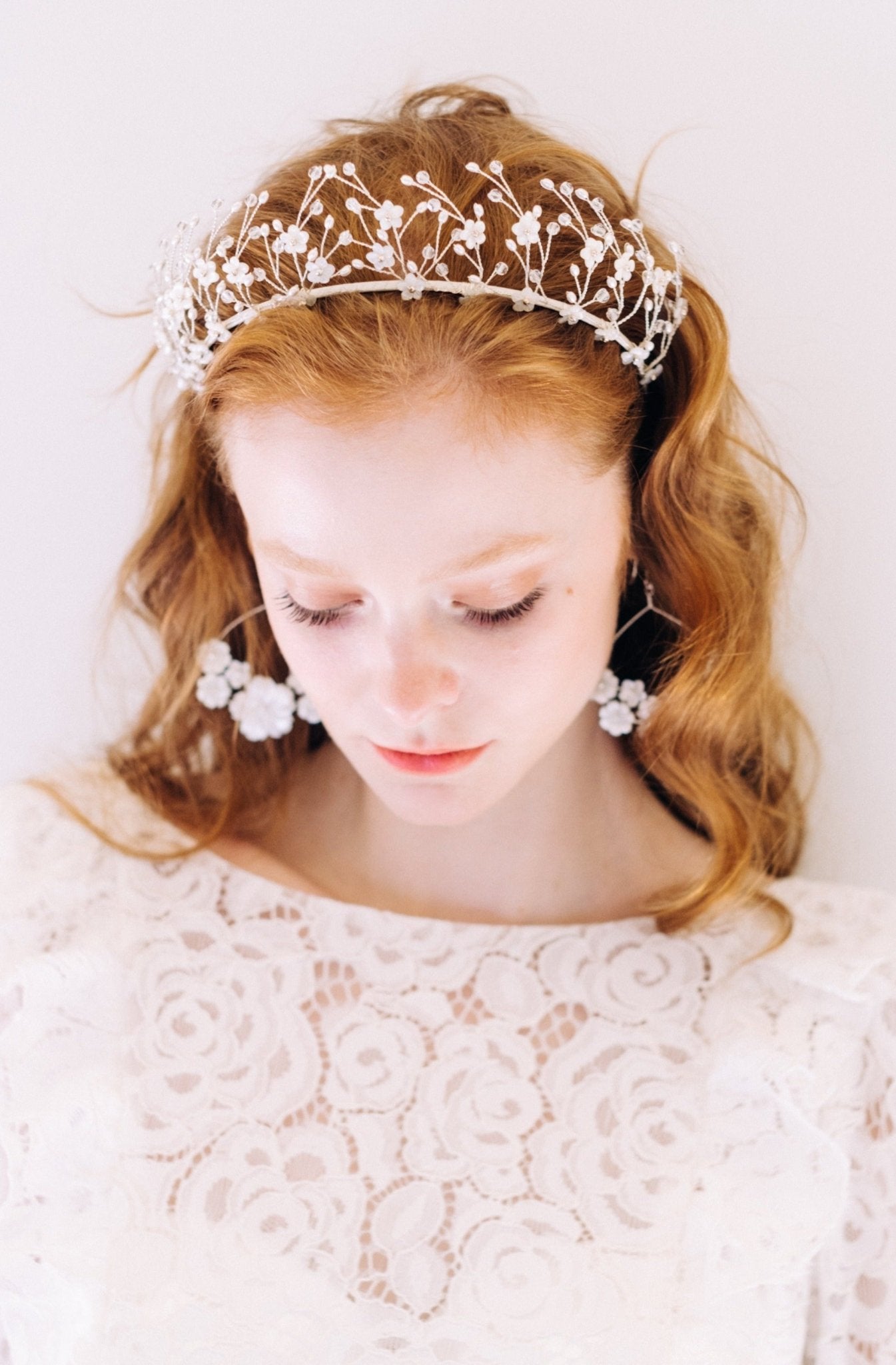 ivory flower crown with matching floral earrings Isobel