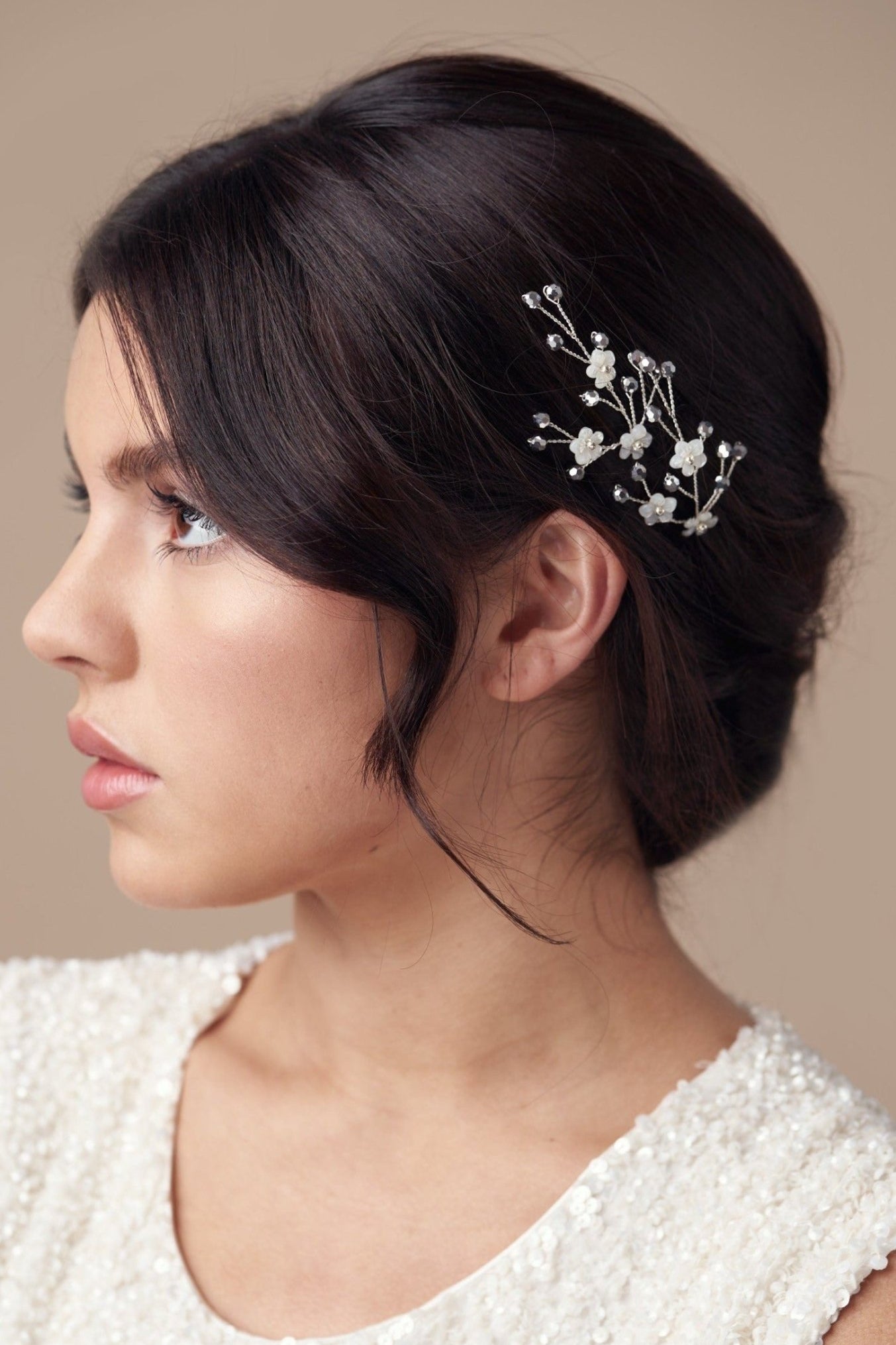 Flower wedding hairpins trio set in mother of pearl and silver laboradite crystal 