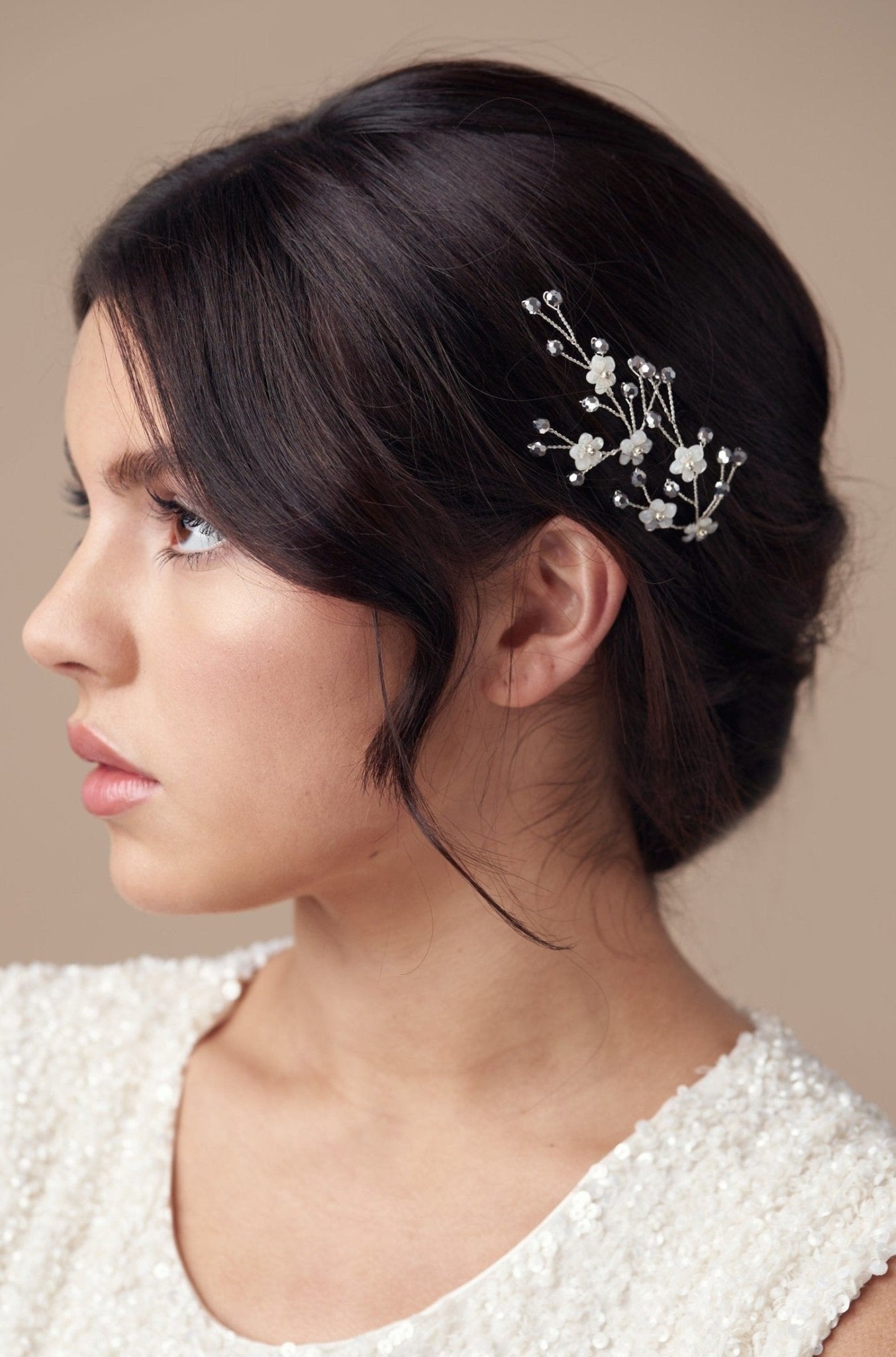 Flower wedding hairpins trio set in mother of pearl and silver laboradite crystal 