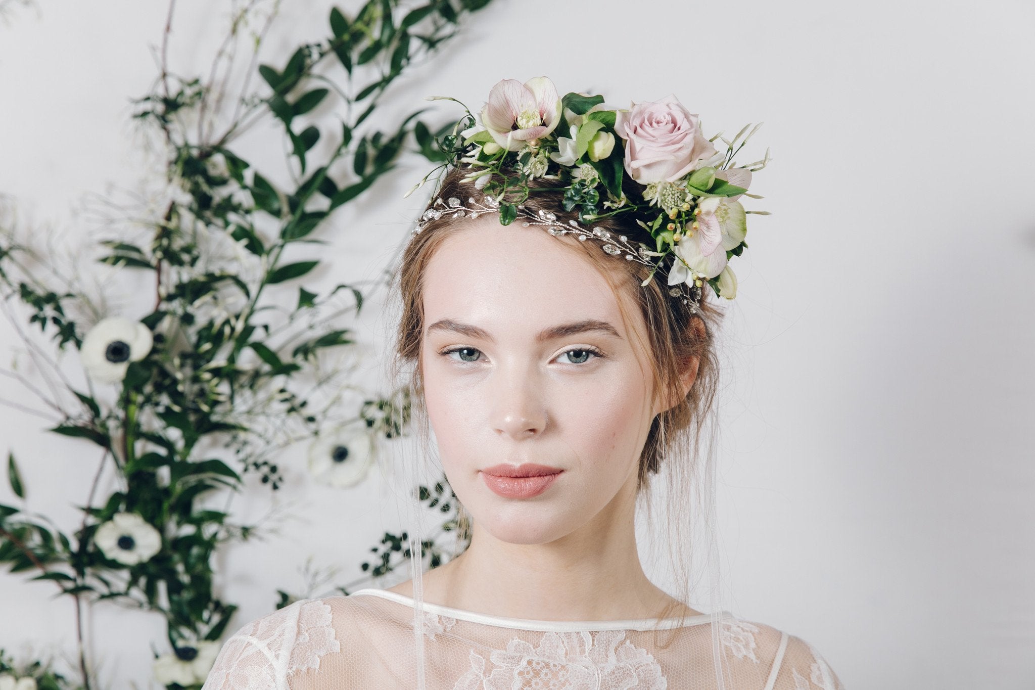 Crystal and pearl ribbon tie wedding wedding headband with real flower crown