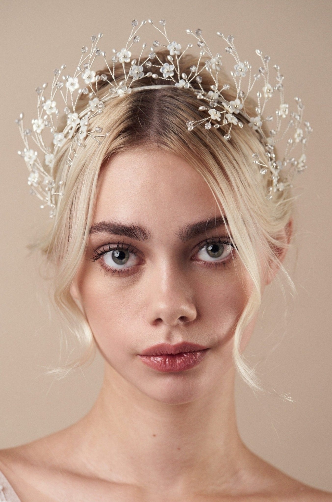 Boho crystal flower crown in silver and ivory with four matching Coralie hairpins - Isobel