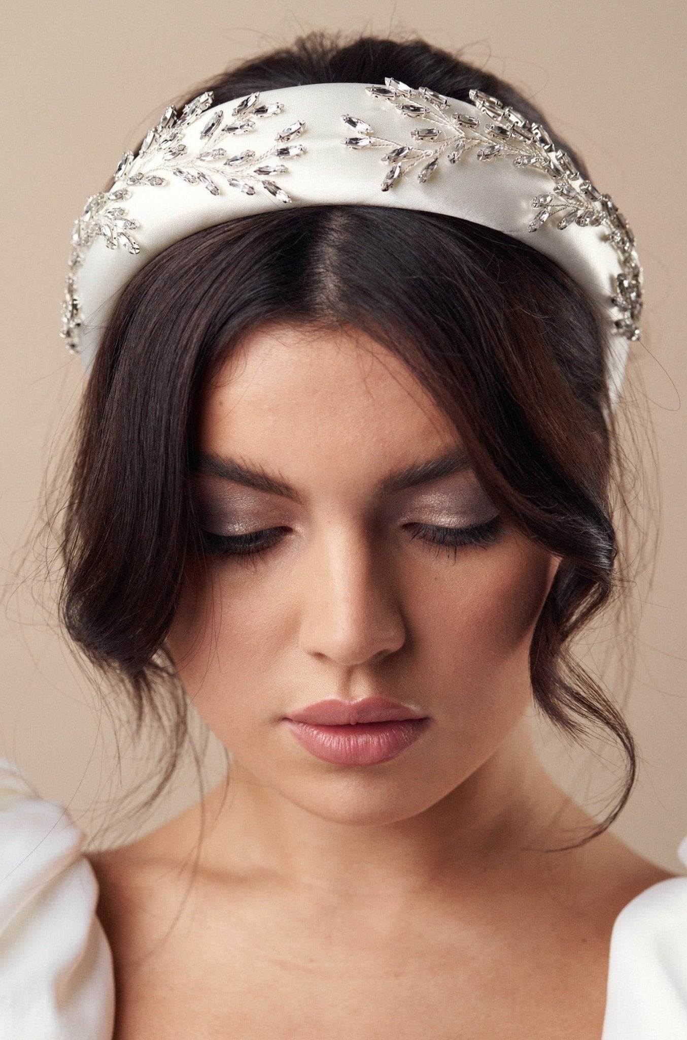 Silver and ivory padded headband with luxury crystal botanical design