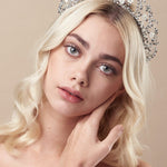 Silver Laboradite floral crystal wedding crown with matching hairpins on blonde model