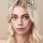 Silver Laboradite floral crystal wedding crown with matching hairpins on blonde model