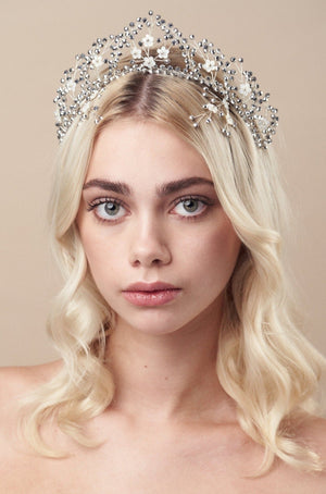 Silver laboradite crystal flower wedding crown with matching hairpins- Small Coraline