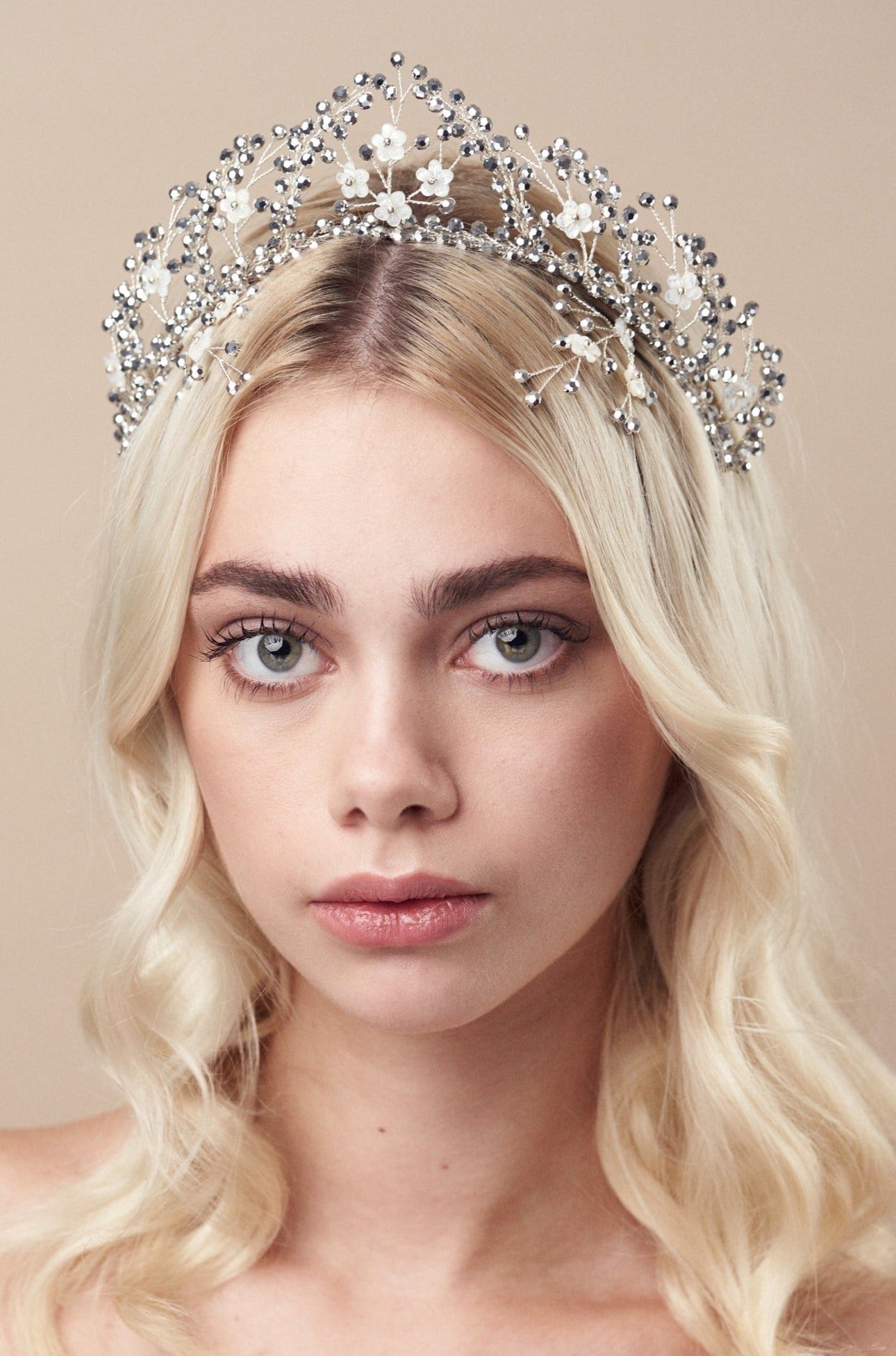 Silver flower hairpins with matching Coraline crown