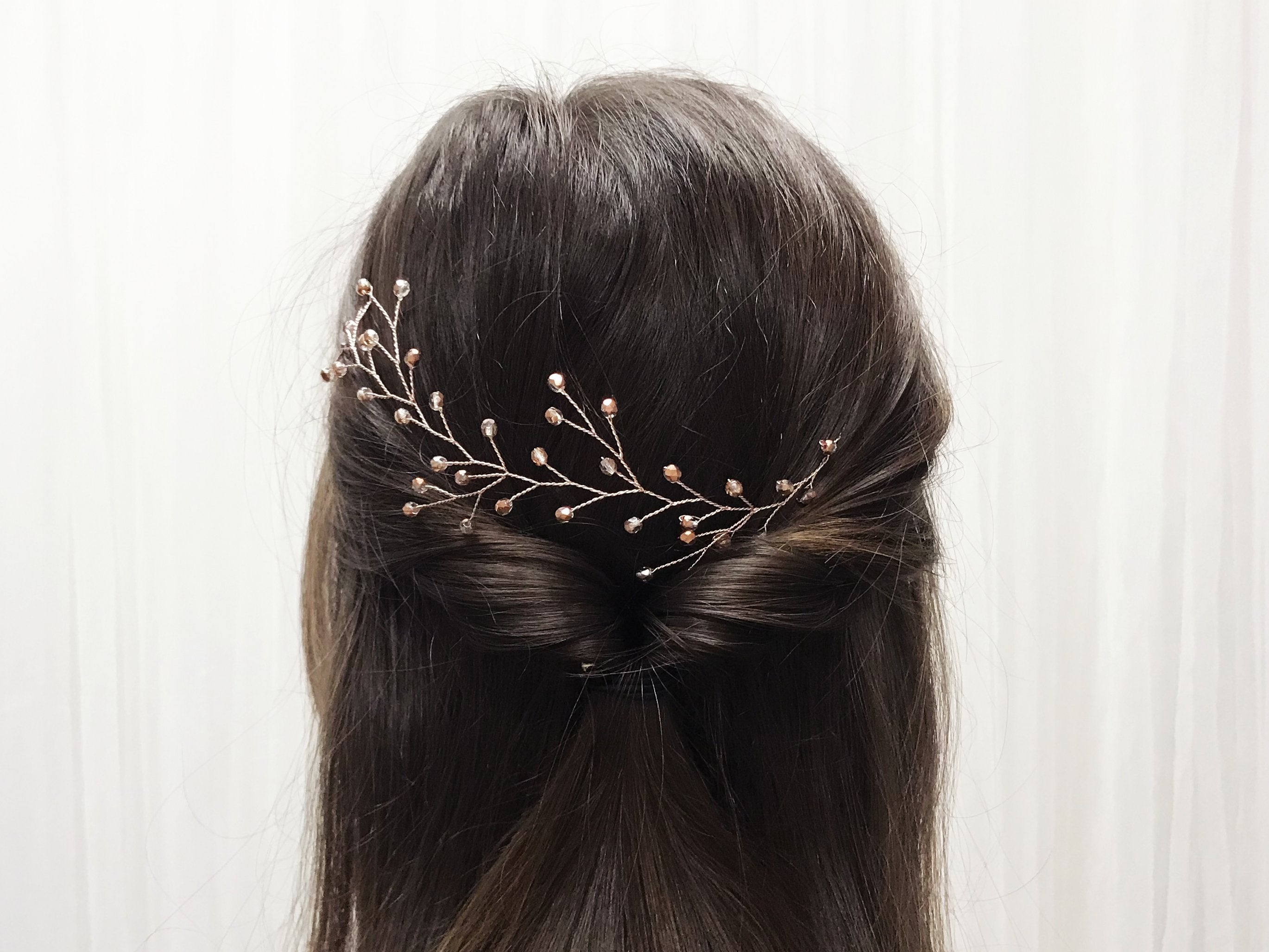 Rose gold crystal botanical branch hair vine for updo or half up wedding hair - Small Rosemary