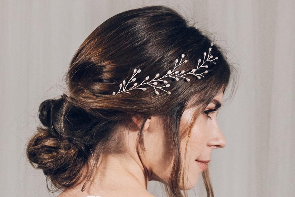 Silver pearl botanical branch hairvine for updo or half up wedding hair - Small Rosemary