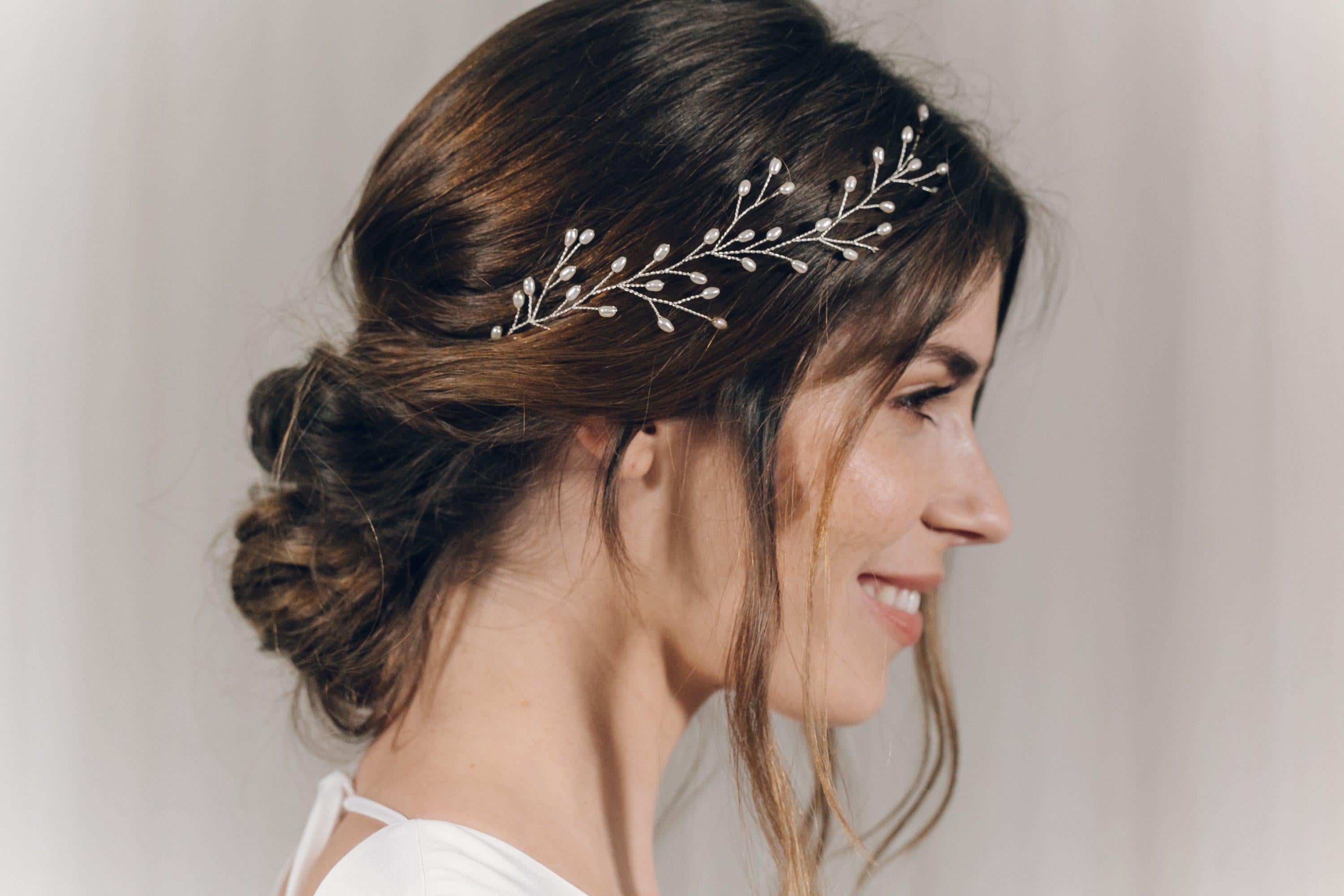 Silver pearl botanical branch hair vine for updo or half up wedding hair - Small Rosemary