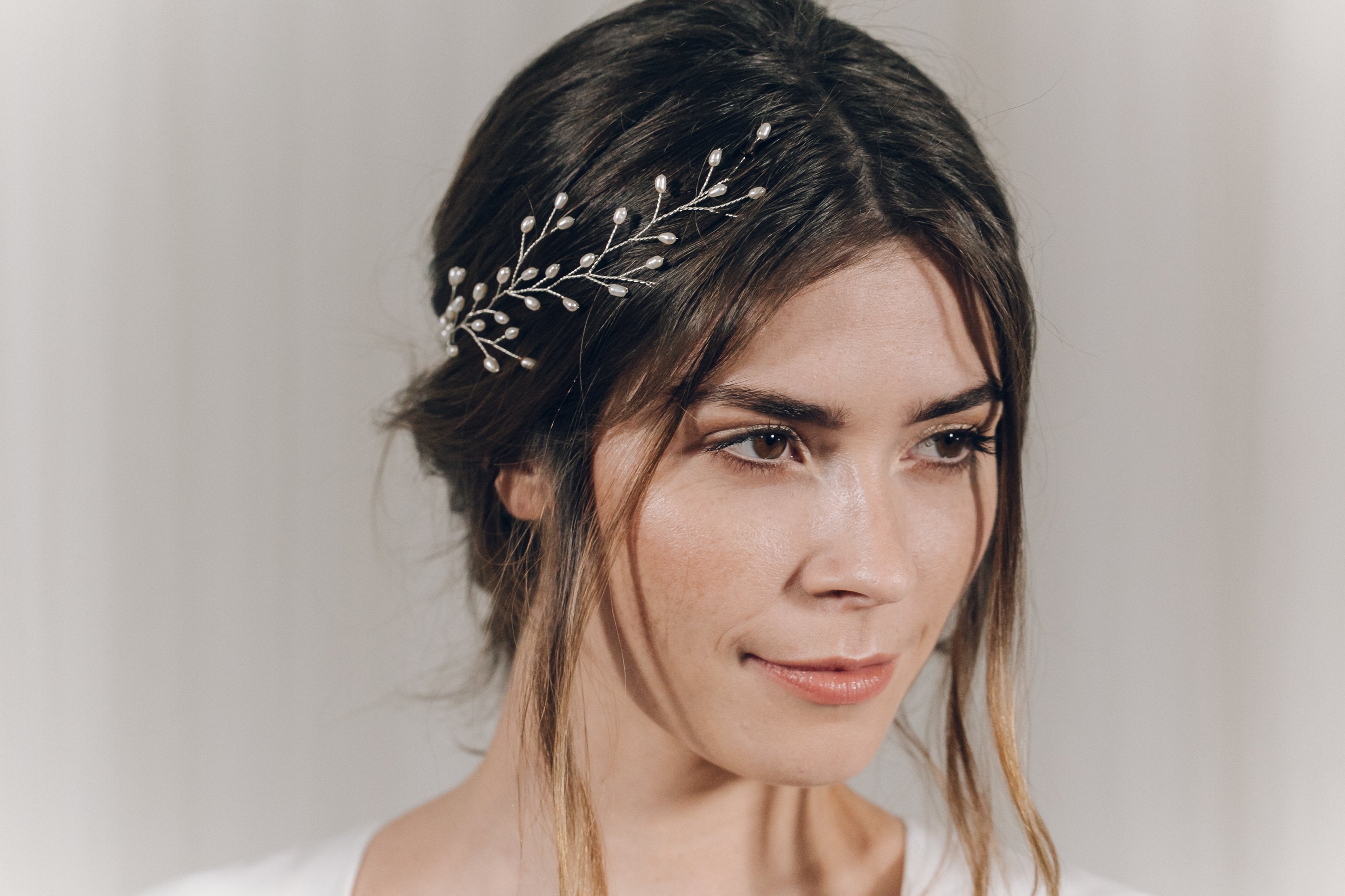 Silver pearl botanical branch hair vine for updo or half up bridal hair - Small Rosemary