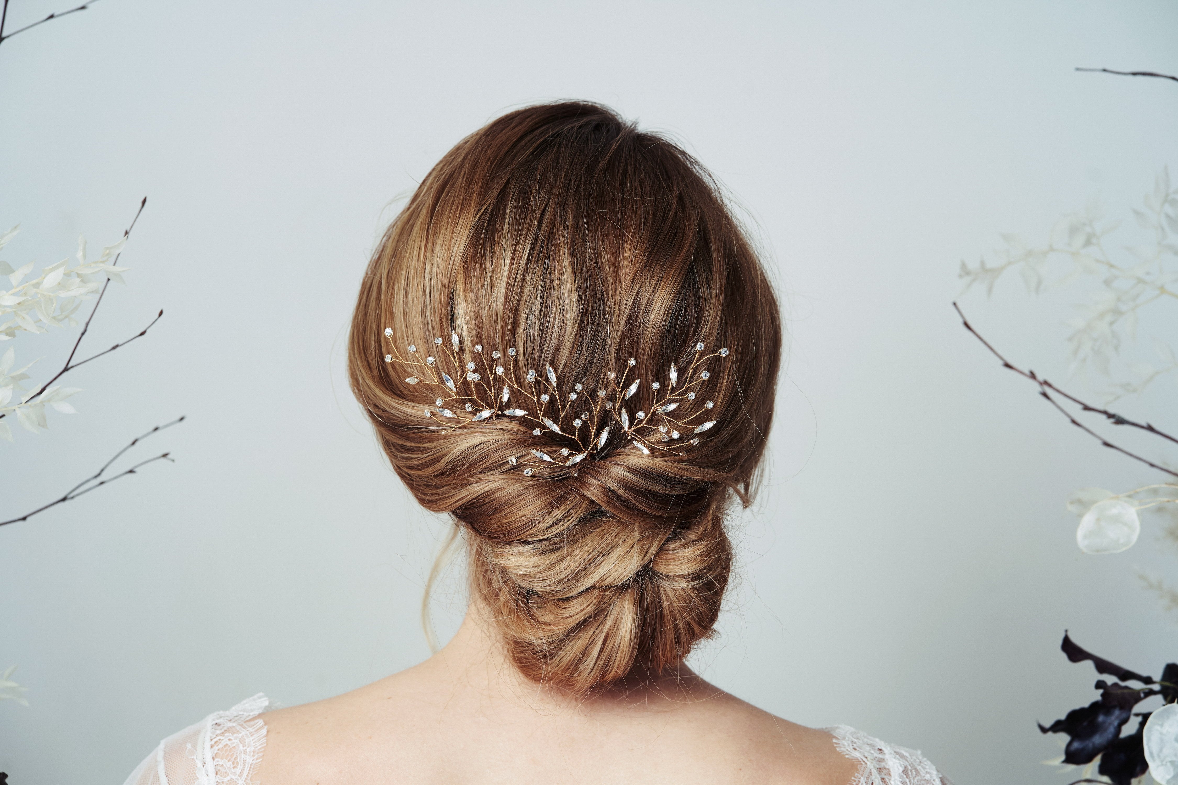 Gold Leaf Swarovski Crystal bridal chignon hairpins - Sophia