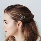 Single Silver Leaf Swarovski Crystal hairpin worn with half updo - Sophia