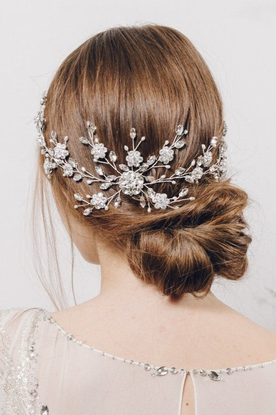 Large crystal and pearl up do wedding hair vine