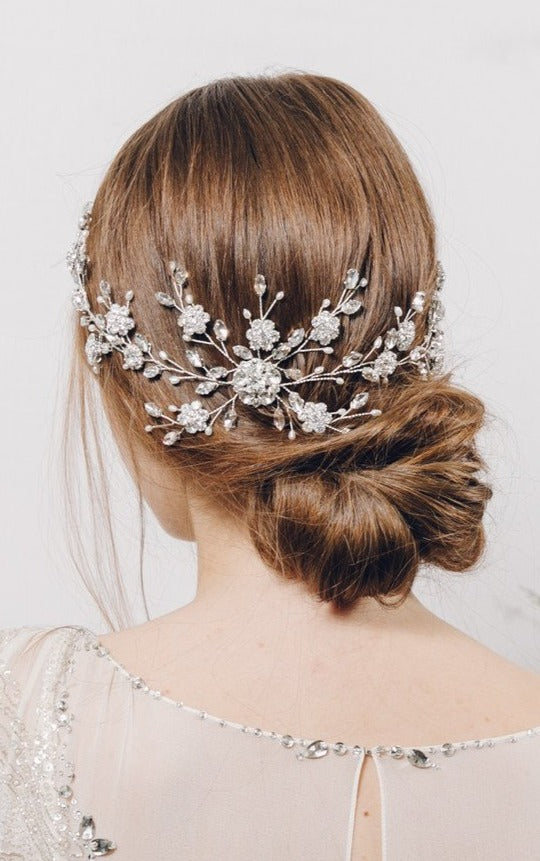 Large crystal and pearl up do wedding hair vine