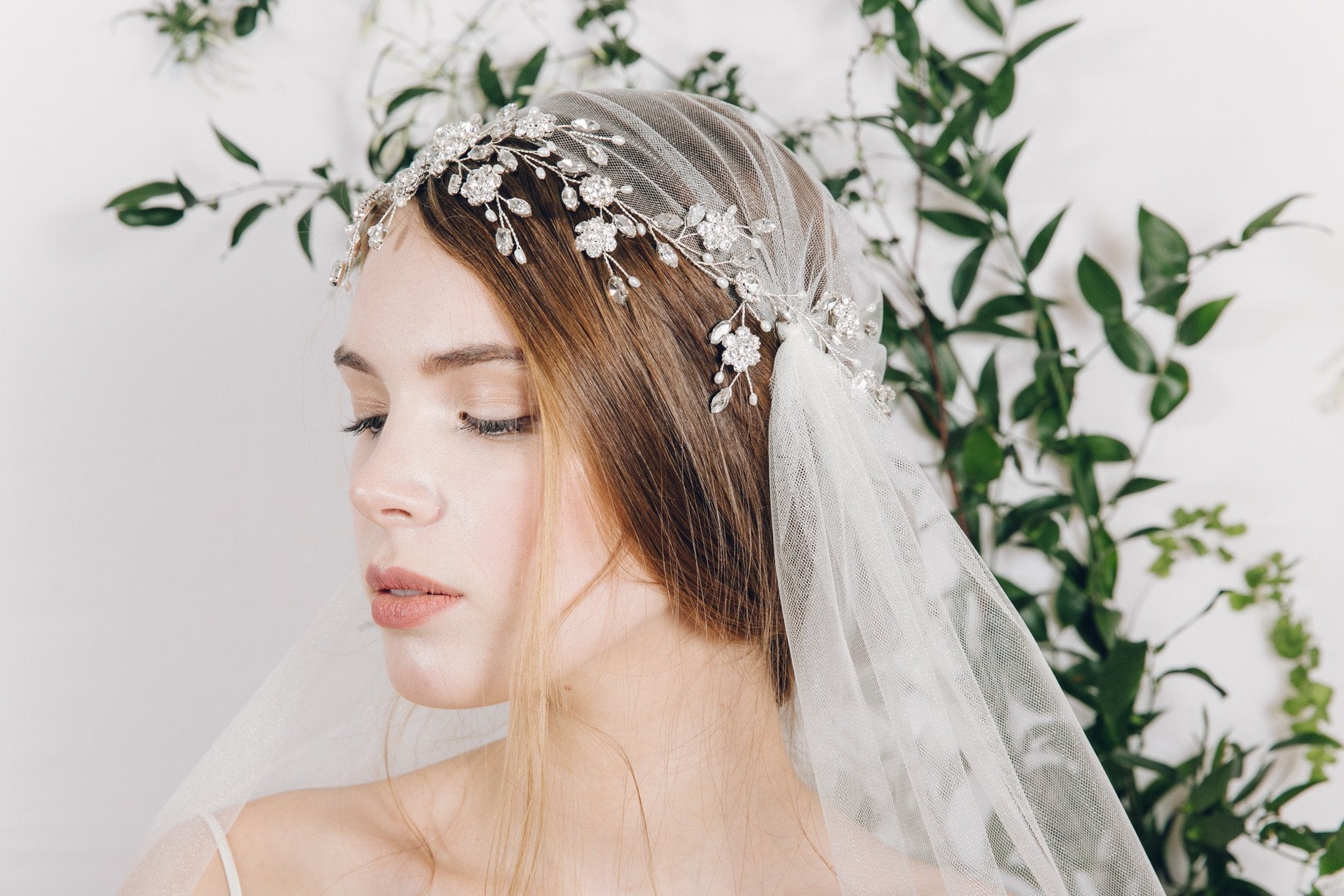 Juliet cap veil with statement silver crystal wedding headdress