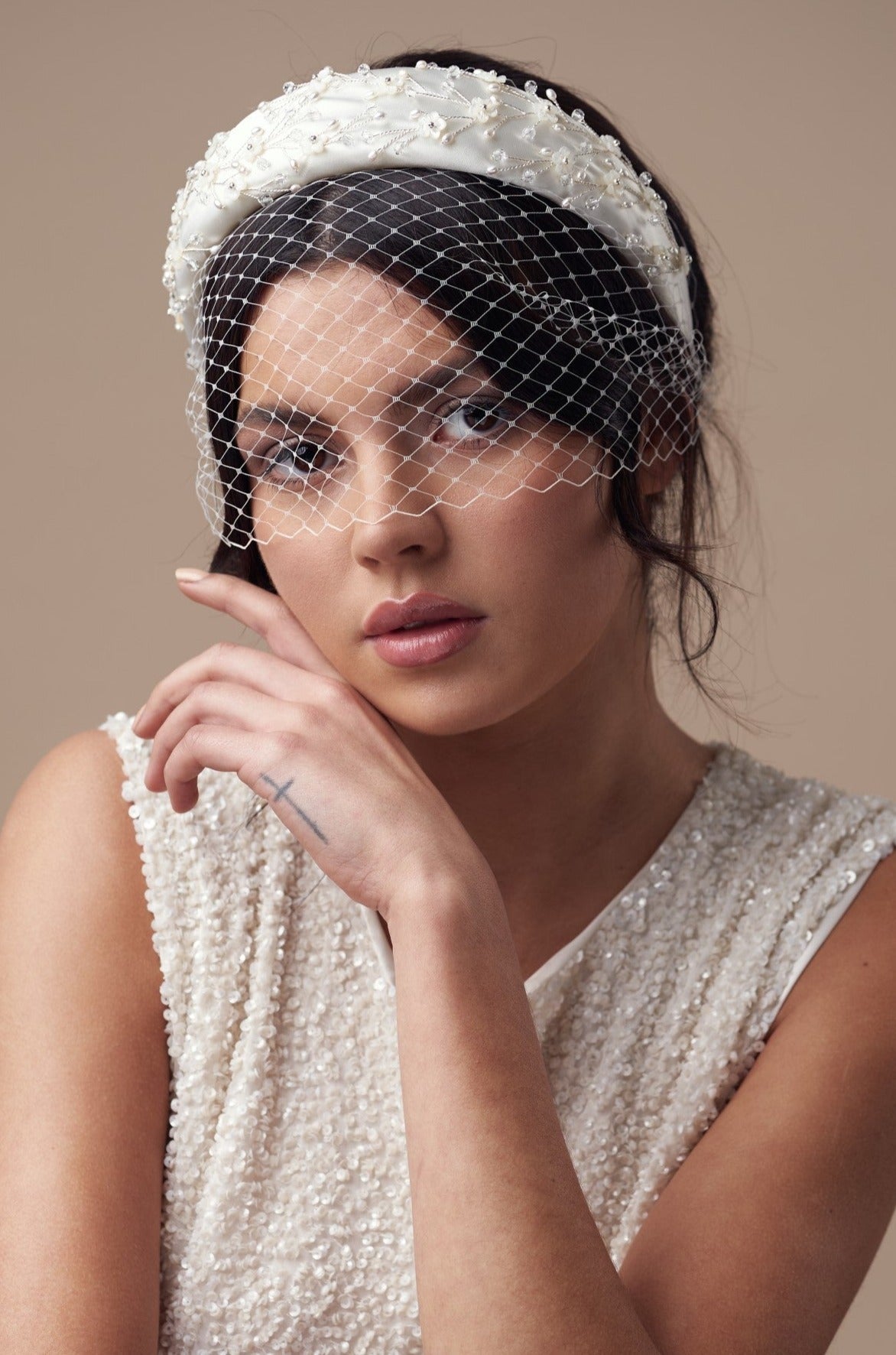 Ivory short birdcage wedding veil - mask style - worn under padded ivory satin headband with ivory and silver floral hand beading