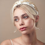 Short birdcage veil styled with Gold and Ivory  crystal padded headband