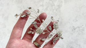 Silver hair vine - floral crystal and pearl wedding hair accessory - Ella