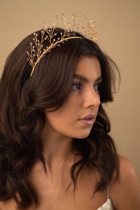 Gold crystal botanical wedding crown to show the sparkle in the hairpins!