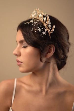 Green and gold crystal floral bridal crown with matching hairpins
