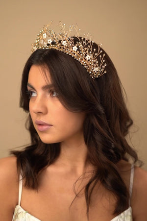 Antique gold crystal floral bridal crown stacked with clear gold crystal crown