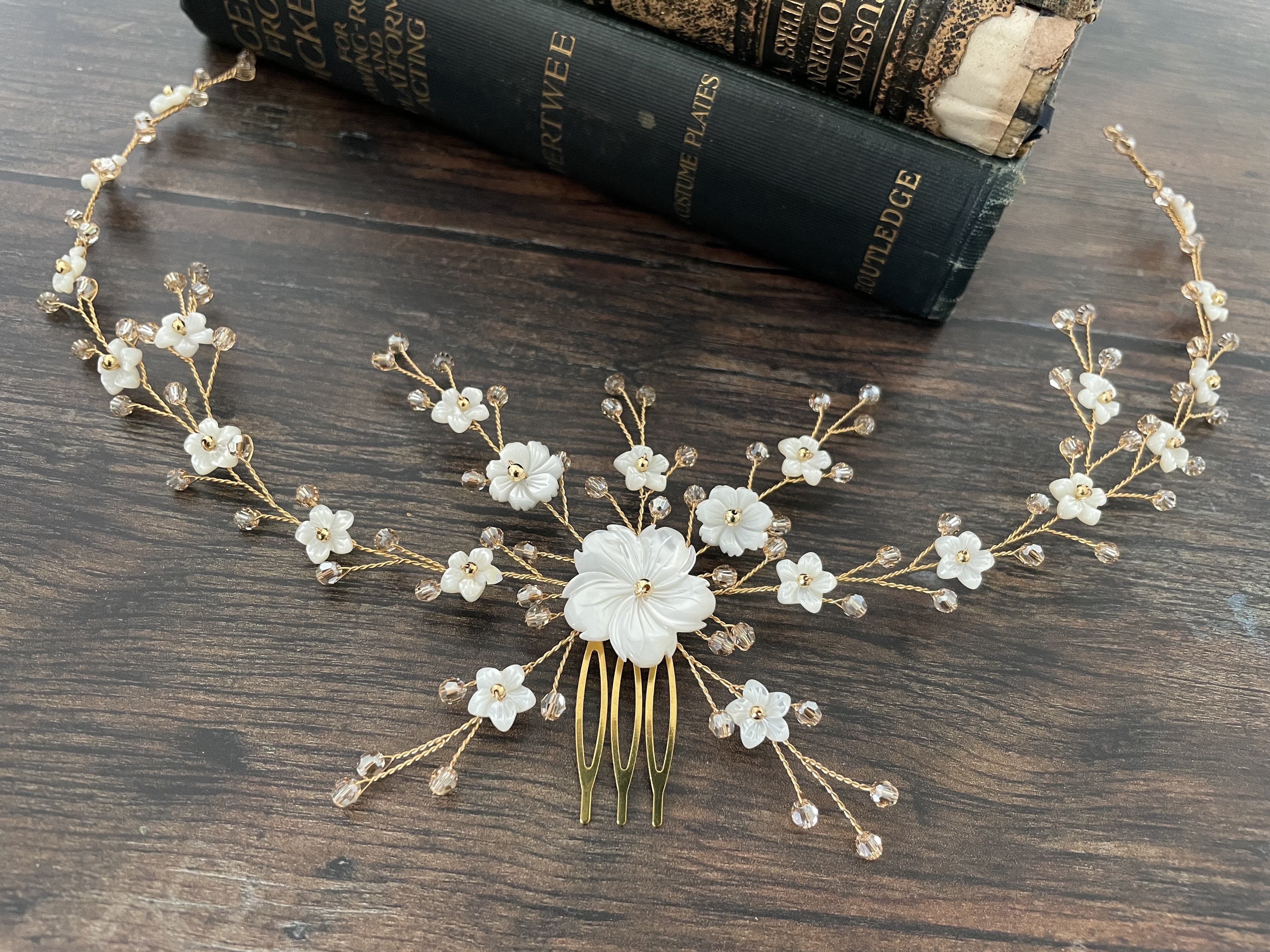 Gold rose gold or silver flower bridal hair vine comb - Sylvie - Debbie Carlisle