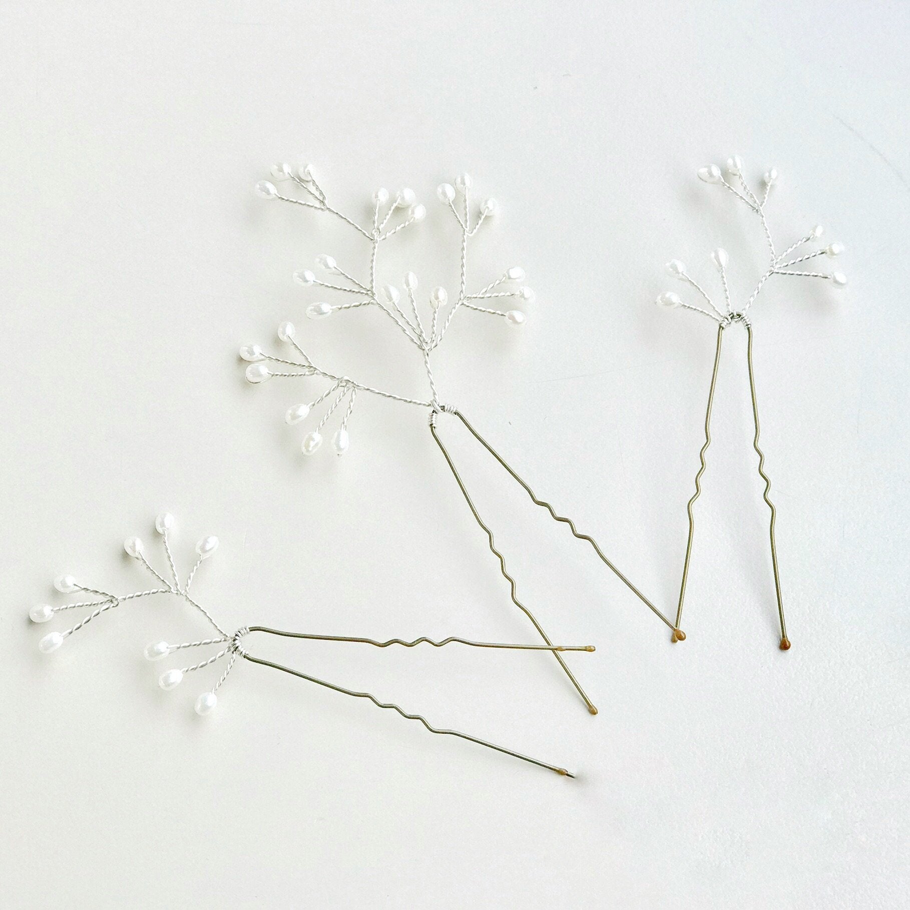Silver freshwater pearl cluster wedding hairpins trio set - Celeste
