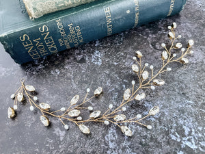 Rose gold, silver or gold crystal leafy wedding hairvine - Cassie