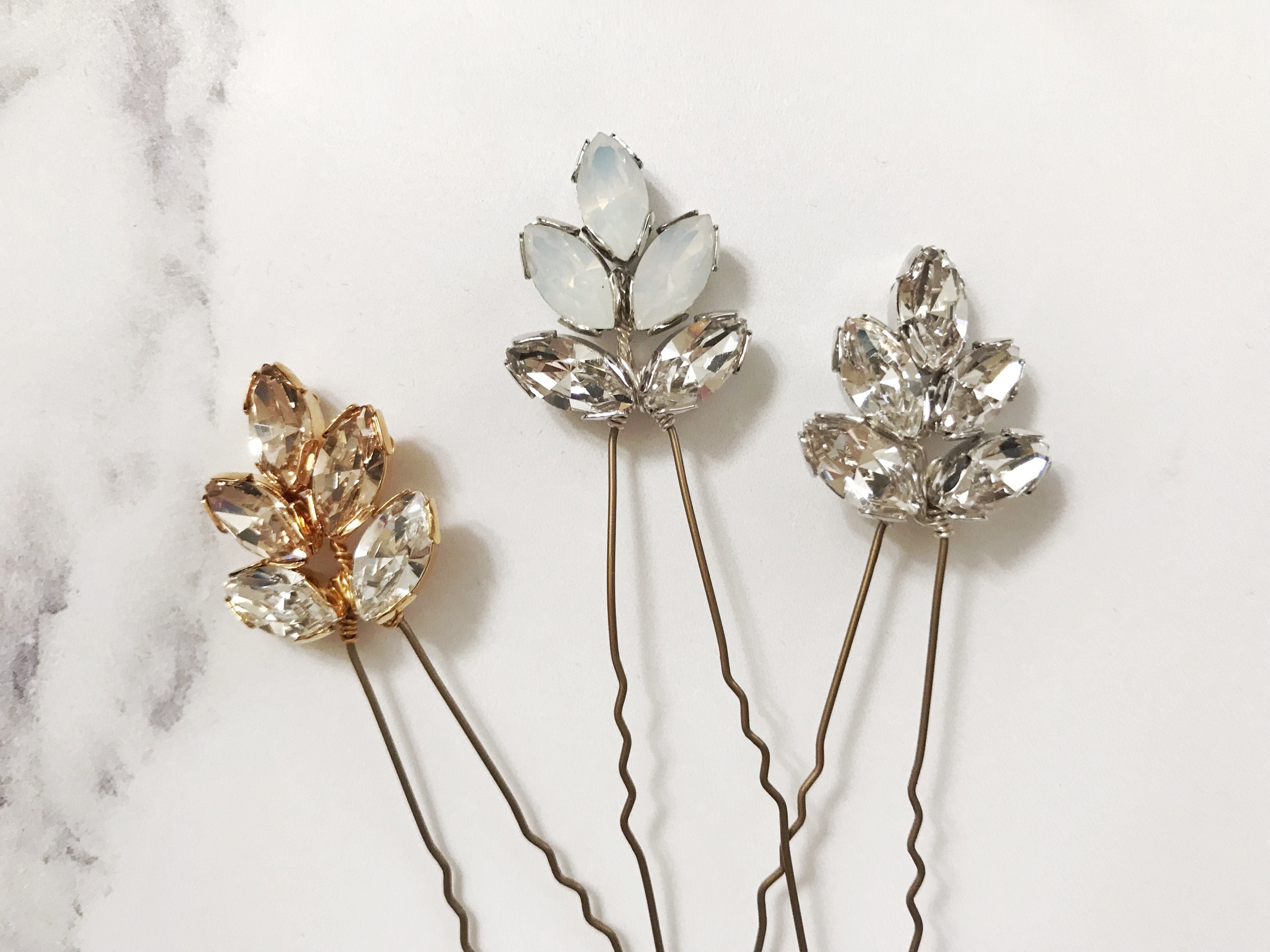 Swarovski crystal bridal hair pin trio in opal, rose gold, silver or gold - Lyra